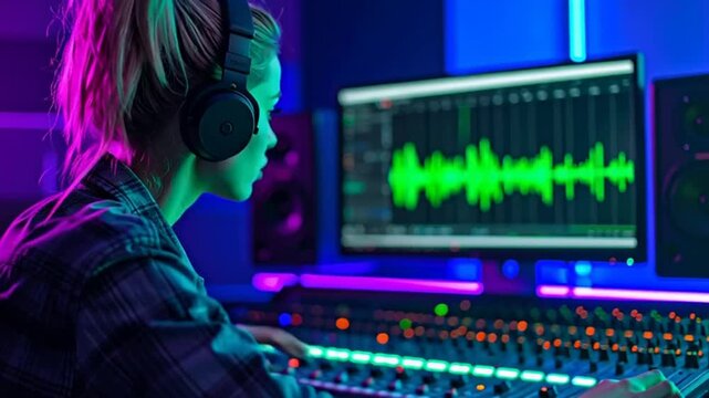 Young female music producer with headphones, mixing sound on a professional audio console in a neon-lit recording studio with a digital waveform on screen.