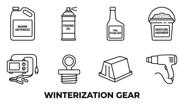 Winterization gear icons set for boat and vehicle care, including antifreeze fuel stabilizer and moisture absorber.