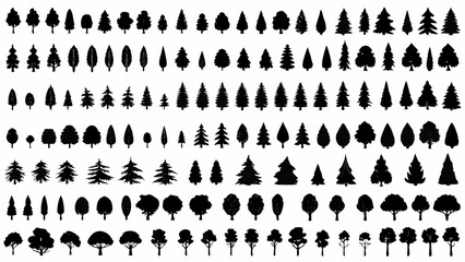 Collection of diverse black and white tree silhouettes arranged in a grid pattern on a white background © Mritun