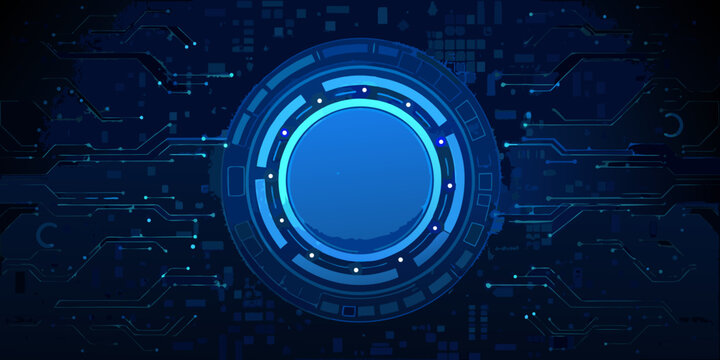 glowing blue circular neon ring with circuit board background futuristic technology design high quality professional