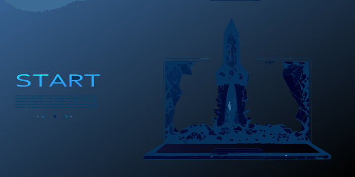 Low poly wireframe rocket launching from a glowing screen digital technology concept high quality professional