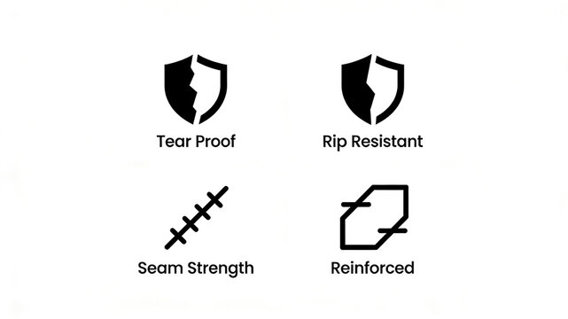Showcasing tear resistance, tear resistance, seam strength, and reinforcement icons, as well as the concept of sturdy and durable materials for outdoor equipment and industrial fabrics.
