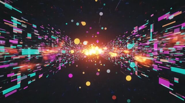 Colorful abstract glitch art with glowing bokeh and futuristic data fragments