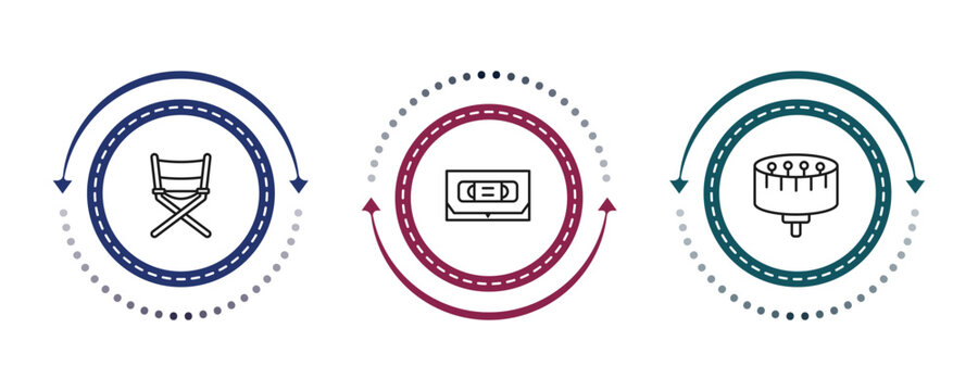 outline cinema icons set - film director, inclined videocaste, zoetrope. editable vector for web and mobile ui