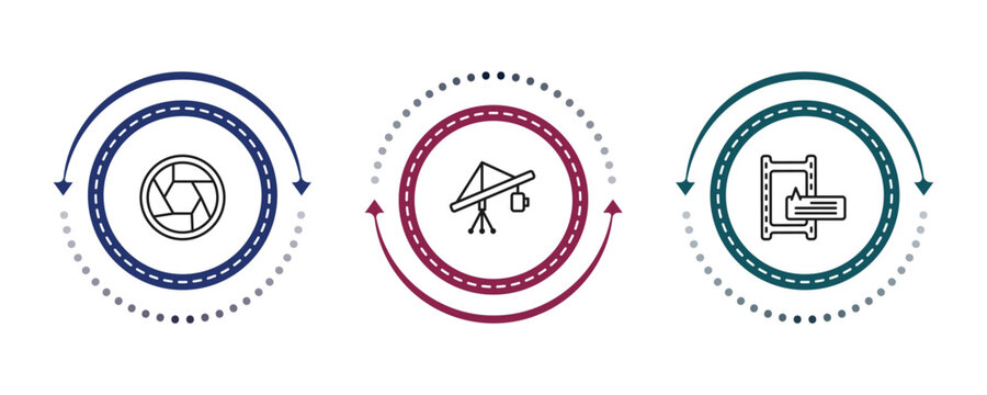 outline cinema icons set - camera lens, jimmy jib, subtitle. editable vector for web and mobile ui
