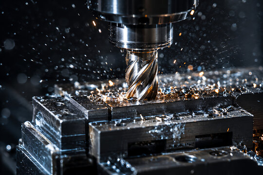 Macro Close-up of CNC Endmill Machining Steel Block