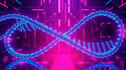 Fototapeta premium Neon infinity symbol dominates dark digital space. Glowing lines create futuristic tunnel effect. Complex circuitry surrounds central form.