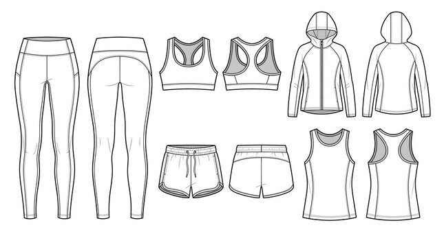 Professional Activewear CAD Vector Bundle Set Front Back Leggings Sports Bra Windbreaker Shorts Tank Top Sportswear Template