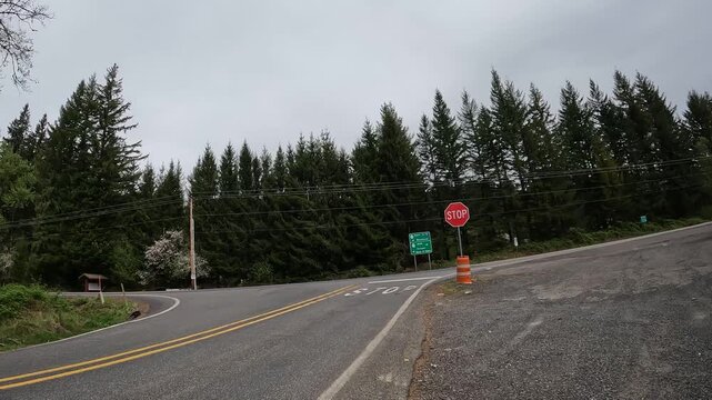 4K b roll car driving footage captured with an action camera along a highway 503 Lewis River road in Washington, USA. Scenic Pacific Northwest wilderness and evergreen woodland landscape