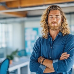 Obraz premium Confident bearded creative director with arms folded in modern studio office with exposed concrete ceiling