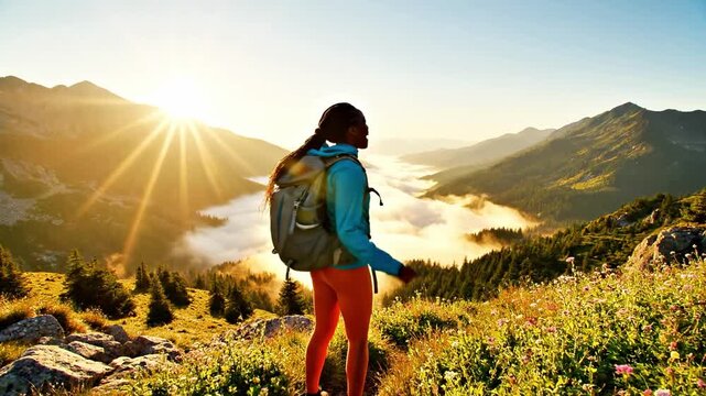 A woman with a backpack stands on a cliff overlooking a serene valley with fog, surrounded by mountains and trees, bathed in sunlight