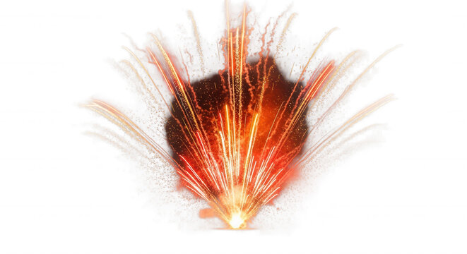 Bright orange and yellow firework explosion with radiating light streaks isolated on a solid black background
