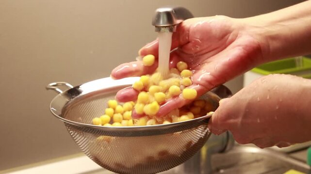 Close-up of a woman's hands washing raw chickpeas in a mesh colander under a running kitchen sink tap