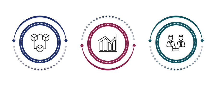 outline business icons set - connection box chart, bars graphic, men couple. editable vector for web and mobile ui