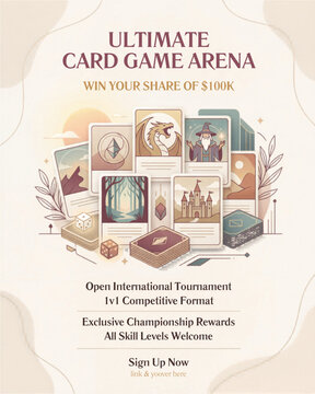 Ultimate card game arena tournament flyer template with flat fantasy trading card illustration, international 1v1 competitive championship poster design