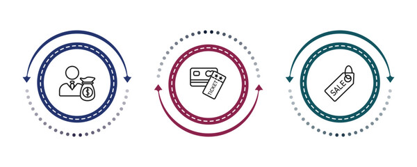 Obraz premium outline business icons set - man carrying money, credit card and ticket, sale tag. editable vector for web and mobile ui