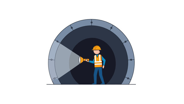 Maintenance Worker with Flashlight Inspecting Dark Underground Tunnel or Pipeline, Infrastructure Engineering Concept Illustration