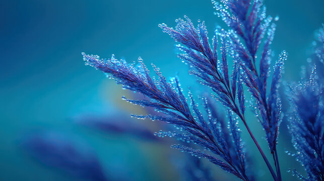 Dew drops on blue grass stalks, macro, abstract nature background