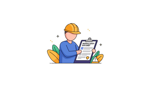 Worker in Hard Hat Holding Material Safety Data Sheet MSDS Clipboard, Occupational Safety and Industrial Health Compliance Concept Illustration