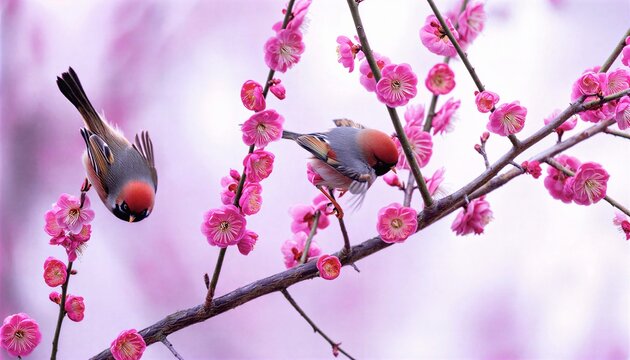 Two Red Headed Parrotbills Playing On Red Plum Branches