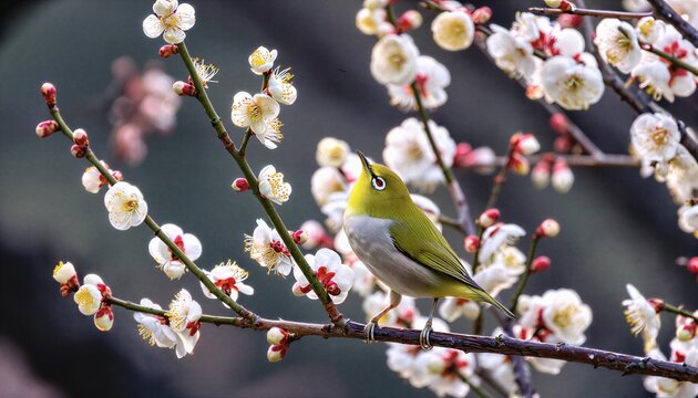 Oriental White-eye Perched On Blooming Plum Blossom Branch