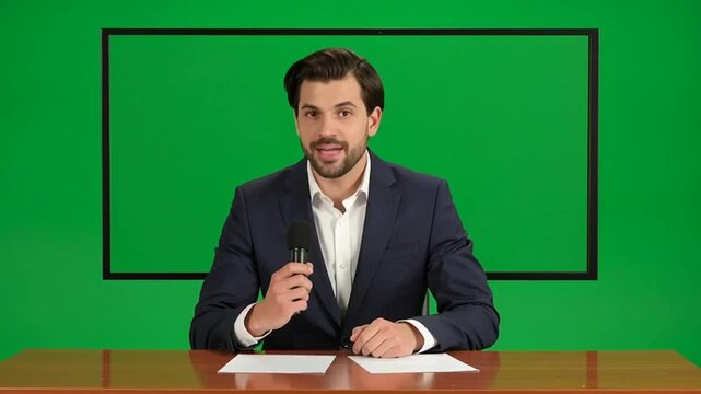 Male News Anchor Speaking to Camera in Green Screen Studio with Microphone