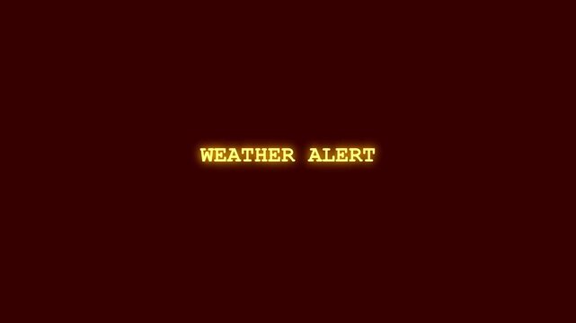 Weather alert glowing orange typeface animation with terminal scrambling effect on dark maroon backdrop for climate crisis announcements and extreme temperature broadcast elements