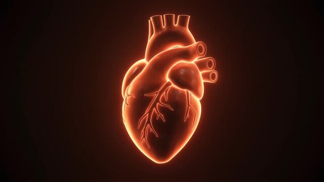 Pulsating neon anatomical heart graphic, rotating slowly against a dark background, symbolizing life force, vitality, and cardiovascular health.