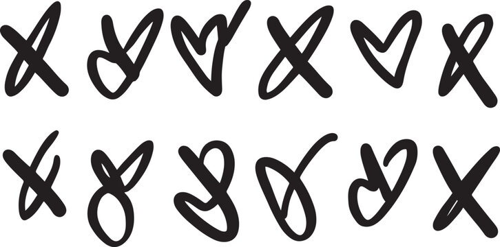 Black hand drawn hearts and x's on white background