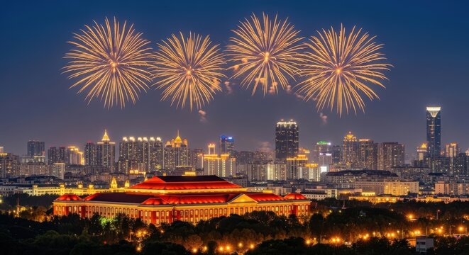 Spectacular fireworks display over modern city skyline at night