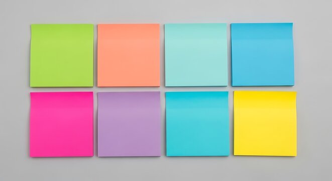 Eight colorful sticky notes arranged in two rows of four