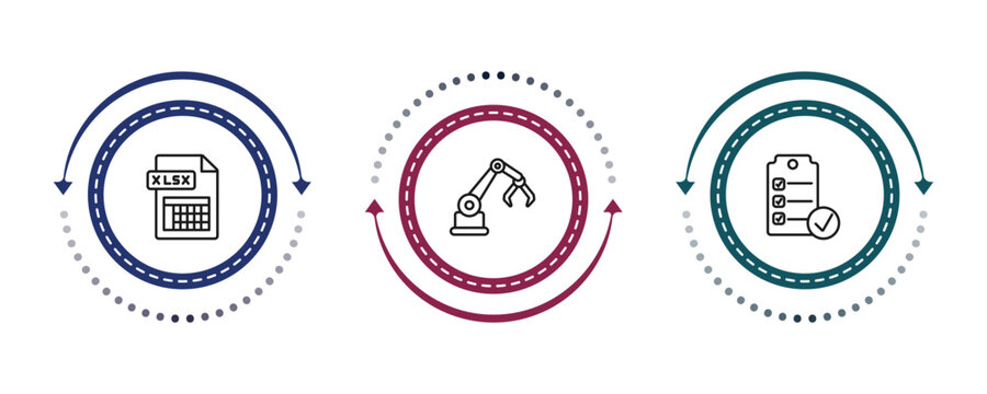 outline artificial intellegence icons set - xlsx, mechanical arm, check list. editable vector for web and mobile ui