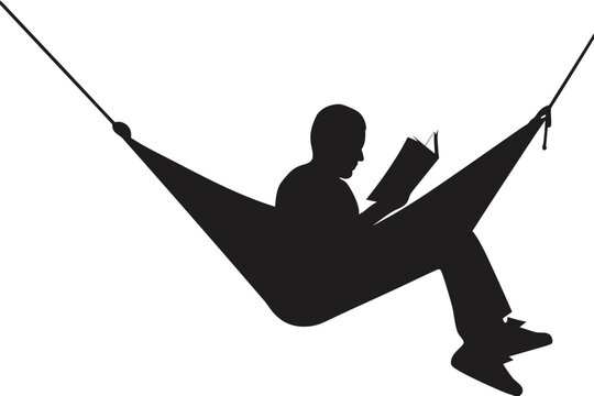 Calm man enjoys quiet reading time while lounging leisurely in a comfortable suspended hammock Serene outdoor relaxation