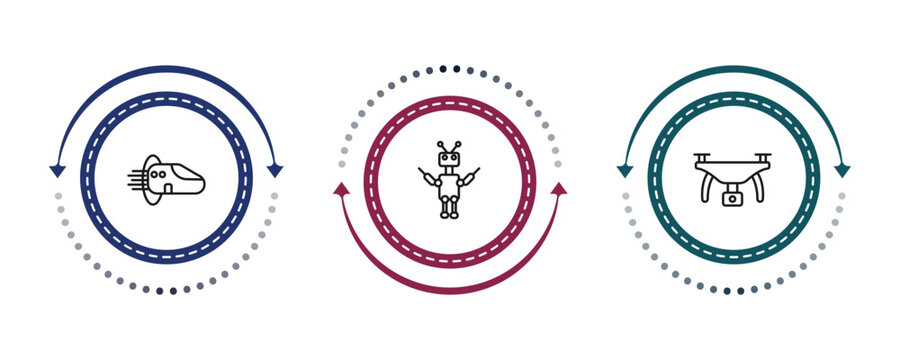 outline artificial intelligence icons set - hyperloop, exoskeleton, drone. editable vector for web and mobile ui