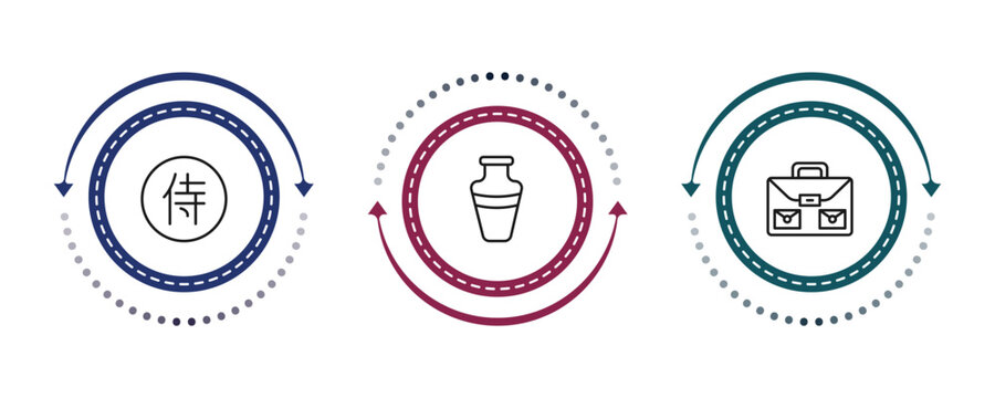 outline art icons set - kanji character, ceramic vase, school briefcase. editable vector for web and mobile ui