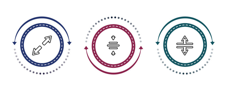 outline arrows icons set - diagonal, center align, split vertical. editable vector for web and mobile ui