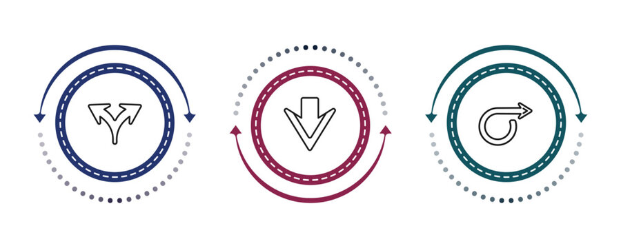 outline arrows icons set - split arrows, down arrow, right circling arrow. editable vector for web and mobile ui