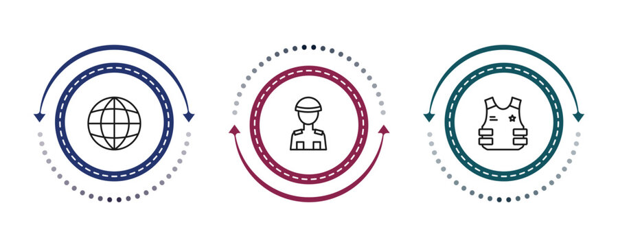 outline army and war icons set - planet grid circular, soldier, bulletproof. editable vector for web and mobile ui