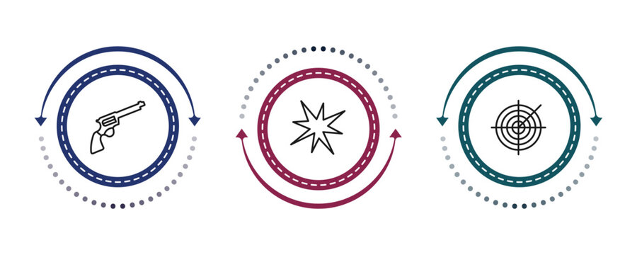 outline army and war icons set - revolver, explosion, militar radar. editable vector for web and mobile ui