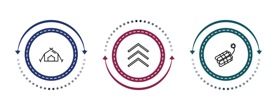 outline army and war icons set - tent, chevrons, dynamite. editable vector for web and mobile ui