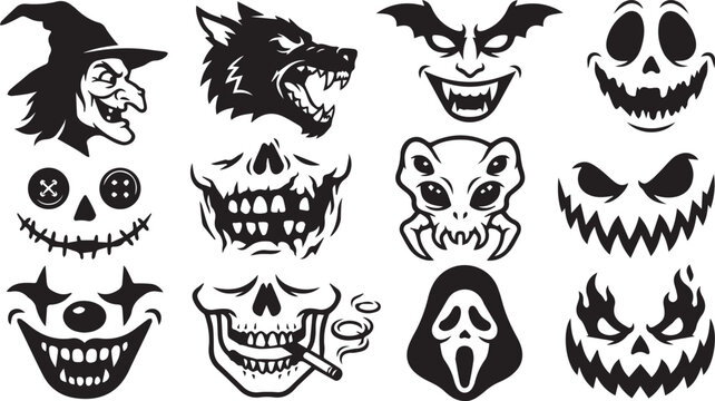Halloween scary monster face silhouette icon set vector