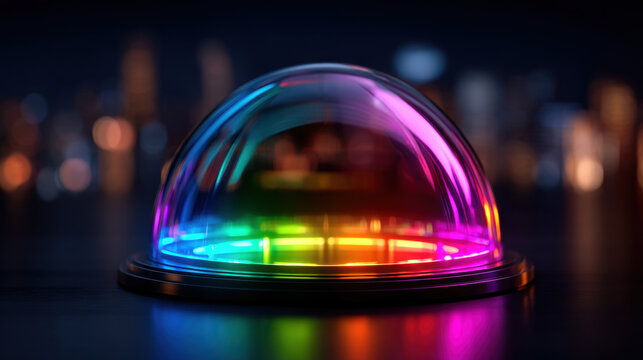 Pride month cyber security neon dome light rainbow LED glow on dark background with bokeh reflection for modern tech concept