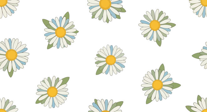 Seamless Daisy Pattern, White Flowers with Green Leaves and Yellow Centers