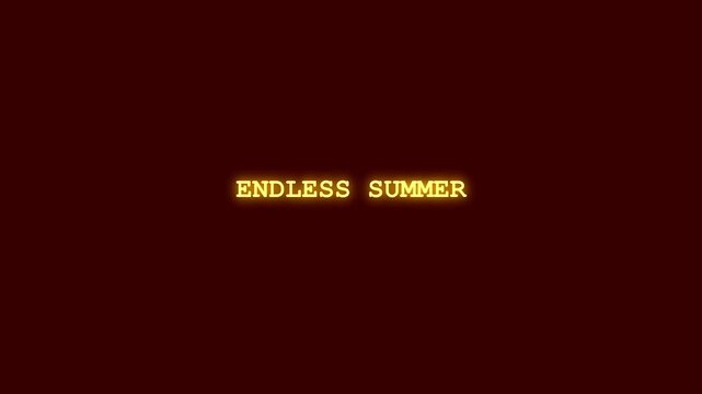 Endless summer glowing neon text reveal with data corruption effect on dark red backdrop for prolonged heatwave severe drought and continuous hot season climate concepts