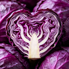 Obraz premium Heart Shaped Cross Section of Purple Red Cabbage, Beautiful Natural Layers and Texture Closeup