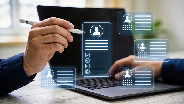 HR manager evaluating employee profiles on laptop, recruitment process, candidate selection, performance review, talent management, hiring concept, digital resume screening,