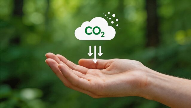 Hand holding cloud icon with CO2 text and downward arrows, representing carbon emission reduction, climate change action, environmental protection, sustainability, green energy,