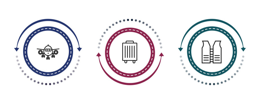 outline airport terminal icons set - plane front view, trip luggage, lifesaver best. editable vector for web and mobile ui