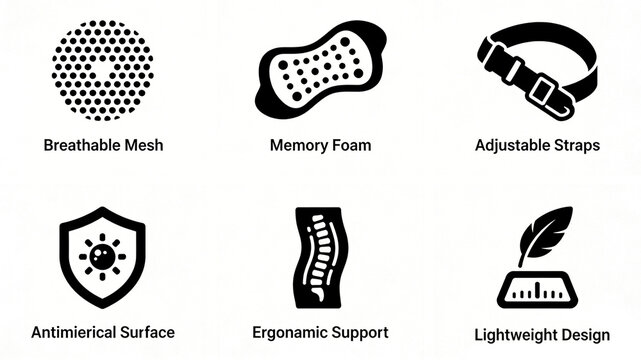 Display breathable mesh, memory foam, and ergonomic support icons, representing the design concept of comfortable and safe protective and wearable equipment.
