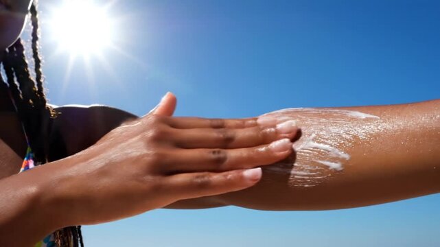 Close up of a person applying white sunscreen lotion on arm under bright summer sun for skin protection.